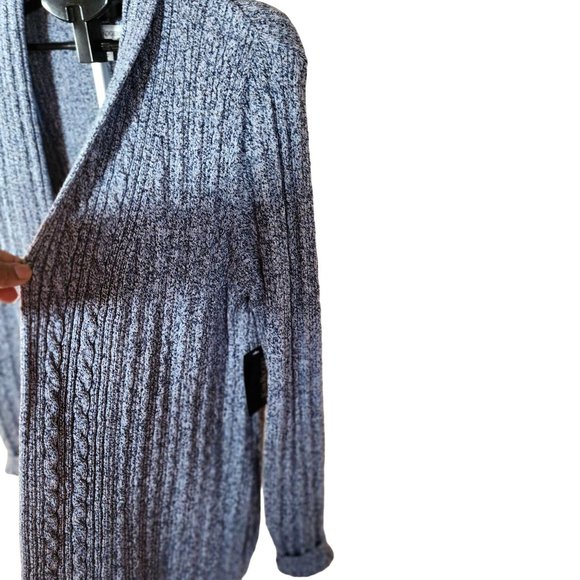 Kim Rogers Blue with White Open Front  Cable Knit Relaxed Fit Cardigan. Size Lar - Picture 11 of 13